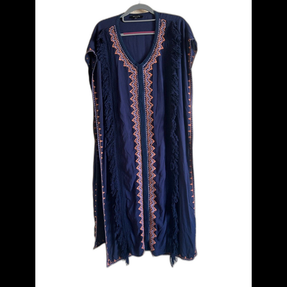 Beulah Style Navy Fringe-Trim Embroidered kimono with Pink Accents